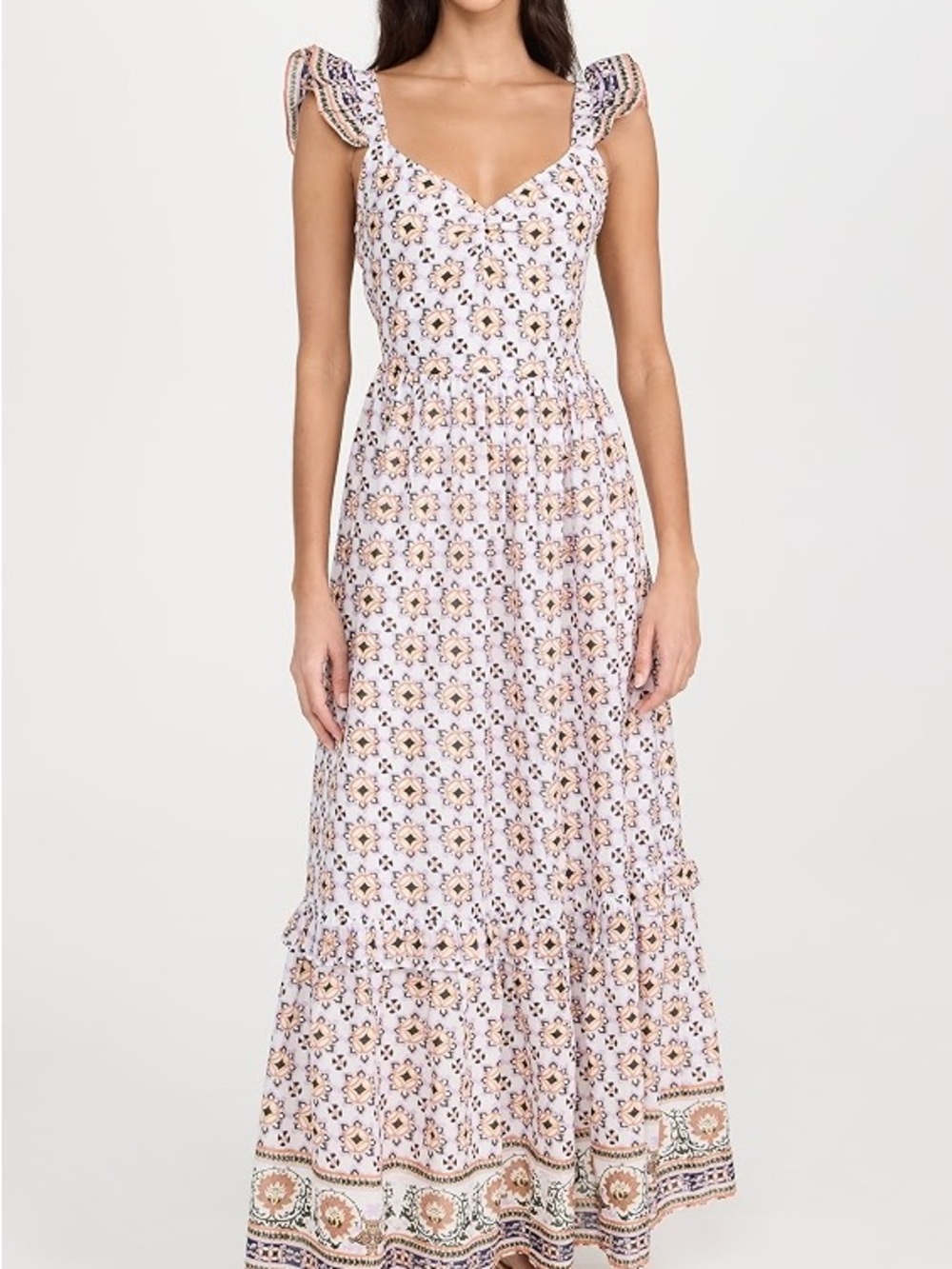 Cleabella Nica Maxi dress 
Lavender Floral Ruffle-Shoulder.